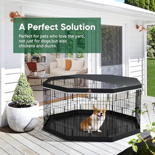 8 Panel Metal Dog Playpen with Grey Pad and Top Cover V316176