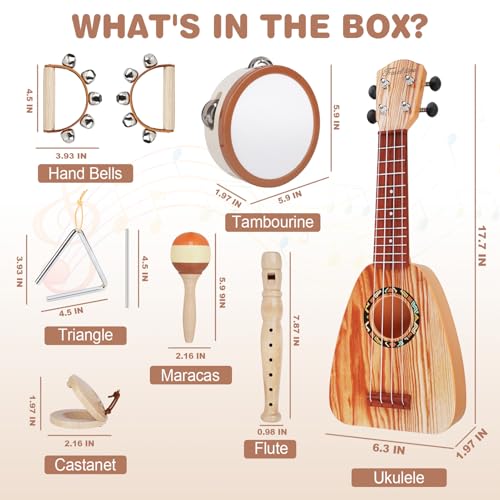 Kids Guitar Set 7 in 1 Musical Instruments with Ukulele Flute Tambourine Maracas A56839