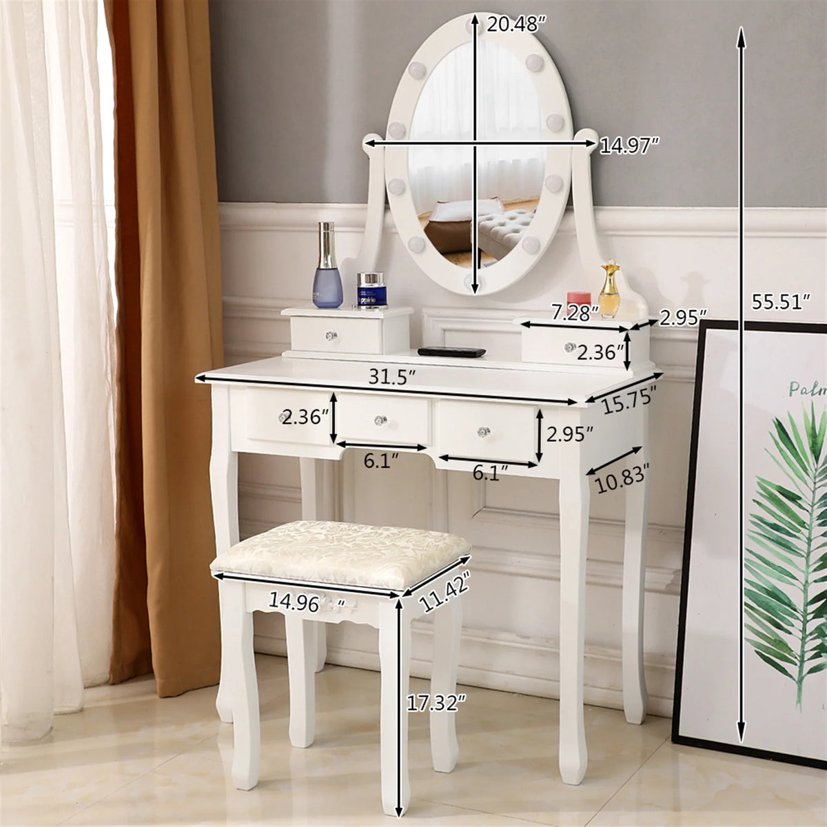 White Vanity Table Set with Lighted Mirror and Stool V38686