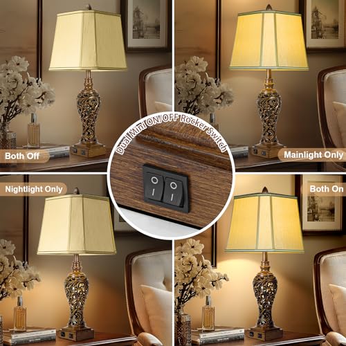 Vintage Brown Table Lamps Set of 2 with Faux Silk Shades F506