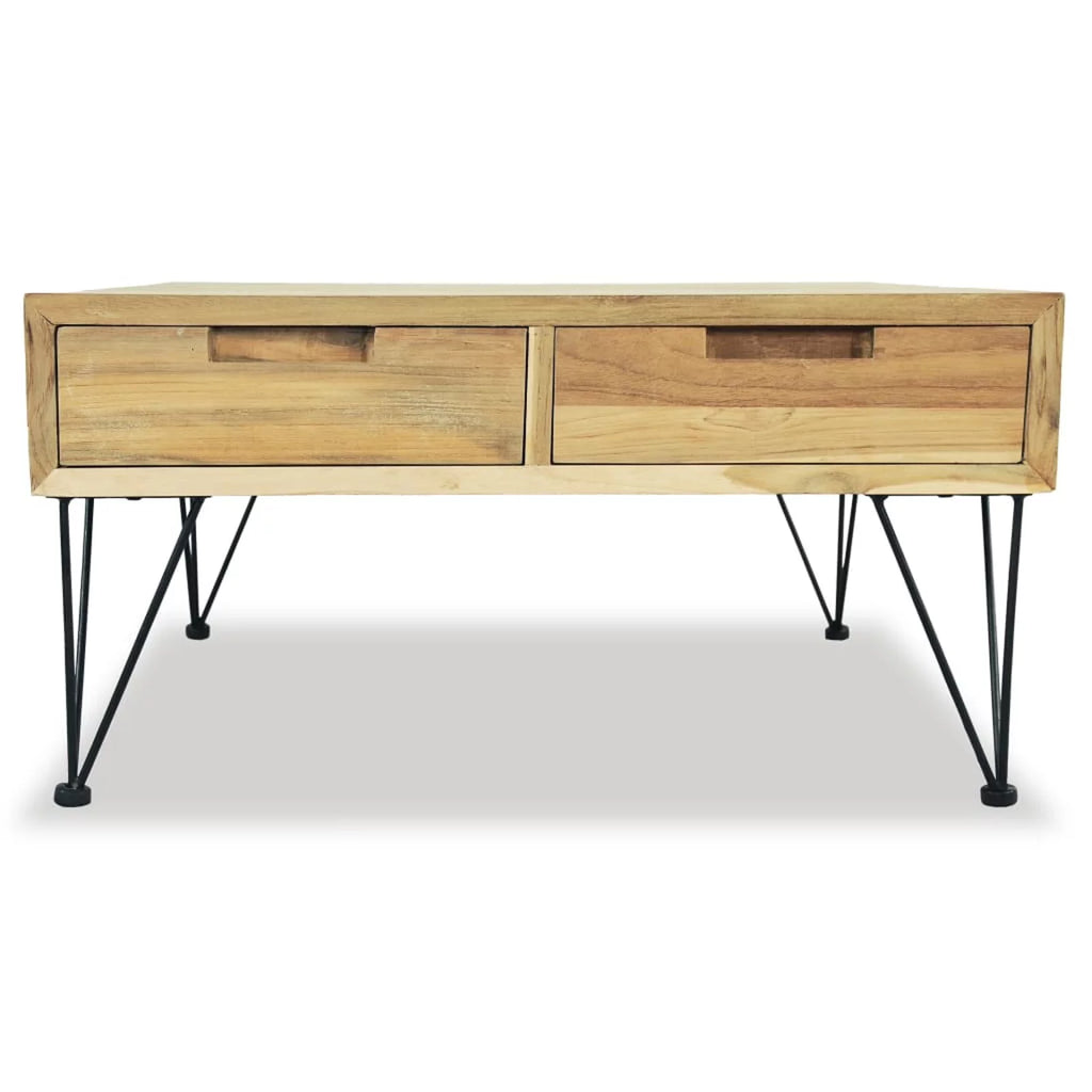 Coffee Table with 2 Storage Drawers Teak Wood Wrought Iron Legs Z172549
