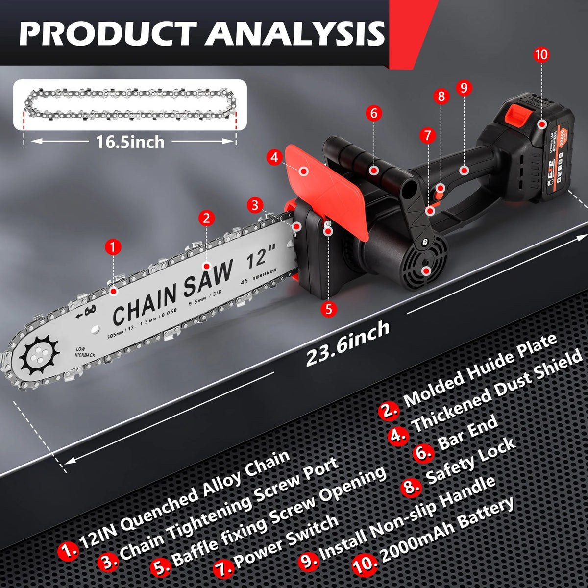 12 Cordless Electric Chainsaw with 2pcs 2000Ah Battery T4234