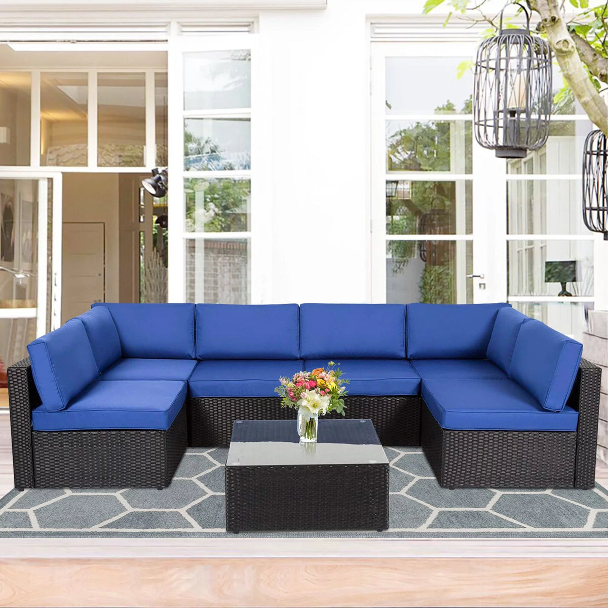 7 Pc Outdoor Rattan Wicker Sectional Sofa Set with Dark Blue Cushions O815636
