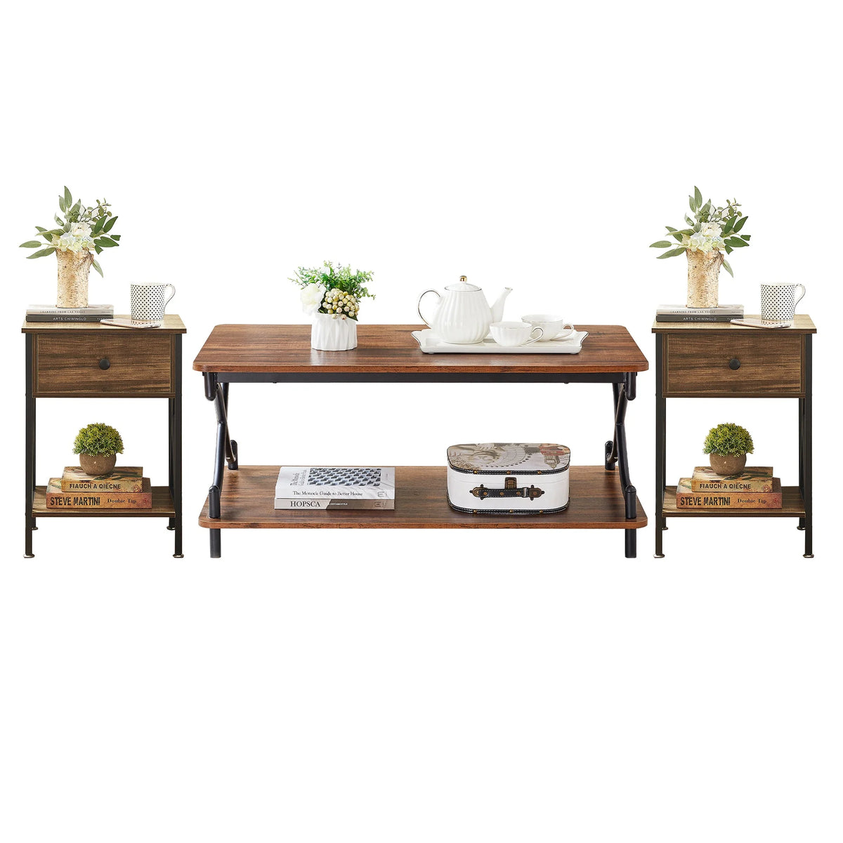 Brown 3-piece Coffee Table Set with Shelf and 2 Nightstands R6595