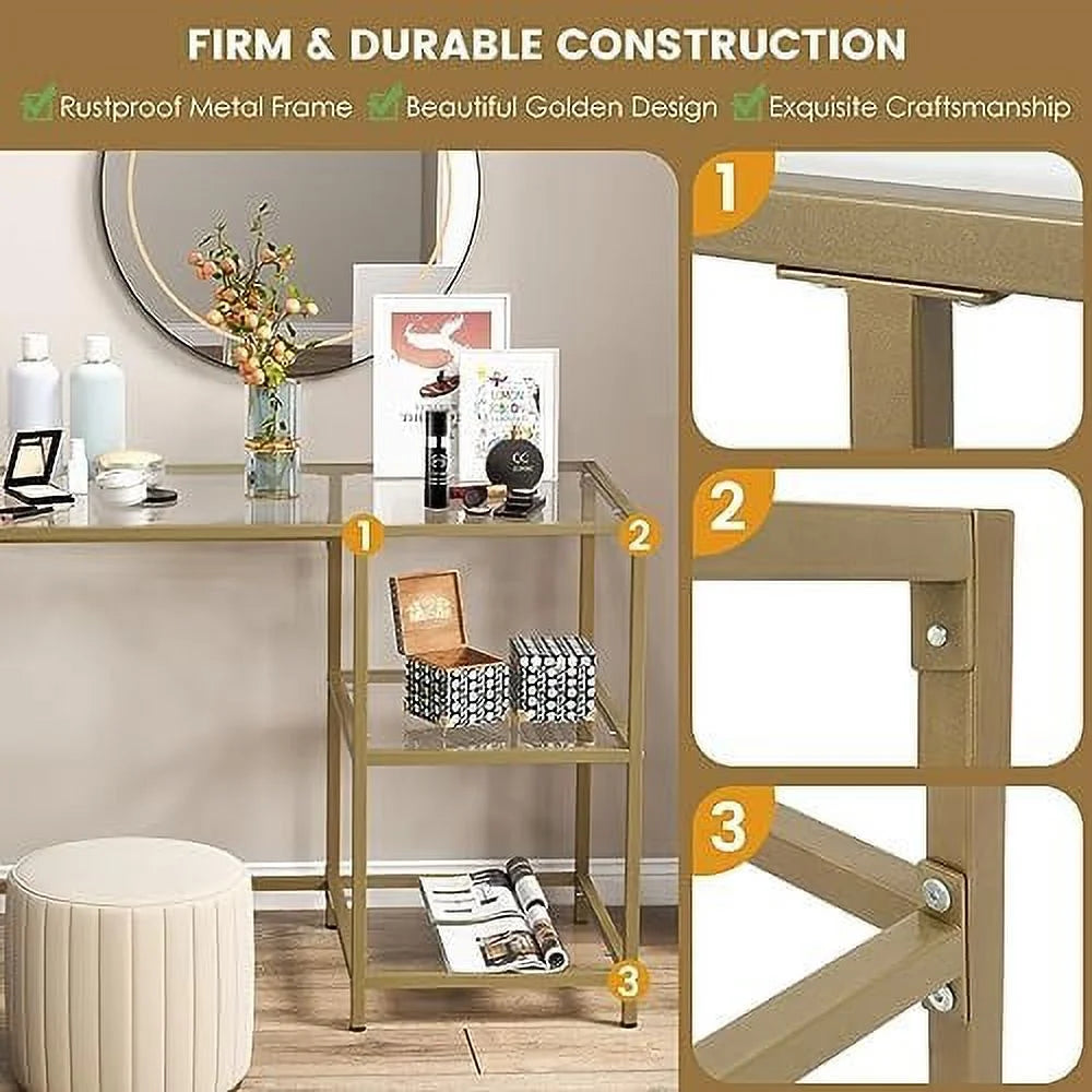 Tempered Glass Computer Desk with 2-Tier Shelves Gold S2698
