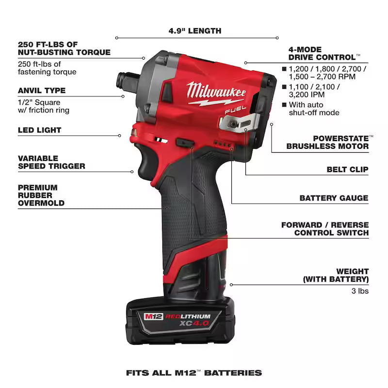 12V Cordless Brushless 1/2 in. Impact Wrench Kit with 1/2 in. Drive SAE Deep Socket Set (12-Piece) J191951