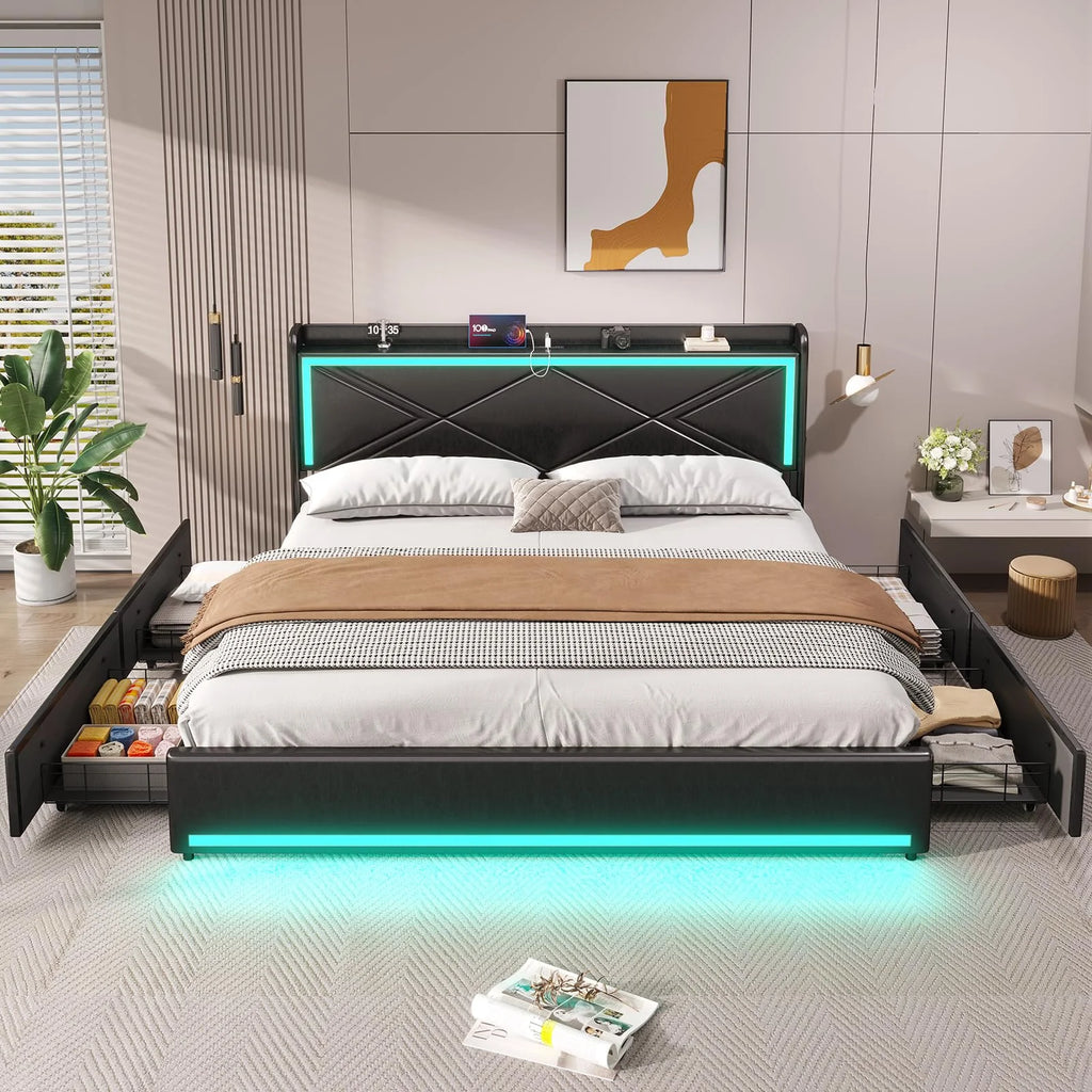 King Size Faux Leather Upholstered Platform Bed Frame with Storage Drawers, LED Lights Headboard, USB-C Charging Station, Black O263