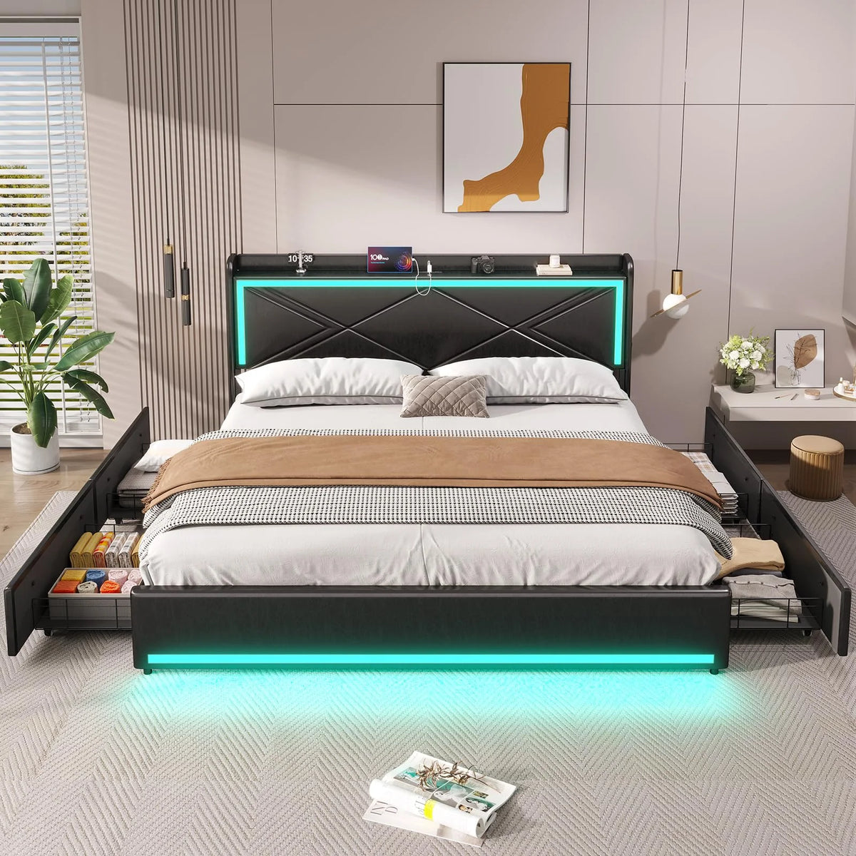 King Size Faux Leather Upholstered Platform Bed Frame with Storage Drawers, LED Lights Headboard, USB-C Charging Station, Black O263